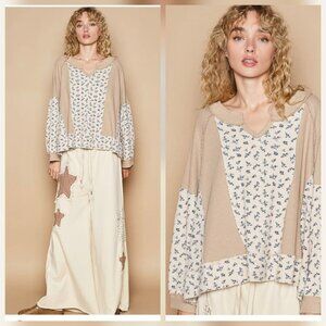 NWT POL Waffle Knit Floral Notched Long Sleeve Top Large Oversized Tan